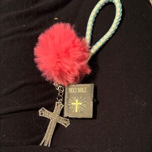 Kids Pink Pom Pom Keychain with Cross and Bible Charm
